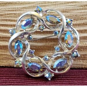 Vintage Unsigned Round Metal Brooch/Pin, Silver Tone Ribbon, Blue Rhinestones